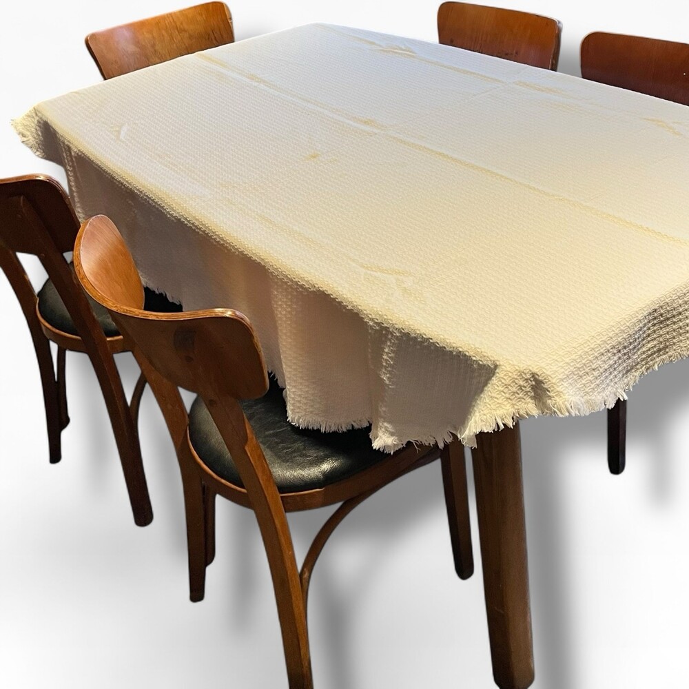 VTG Homespun Cotton Texture Fringe Tablecloth White 78" Farmhouse Rustic Cottage